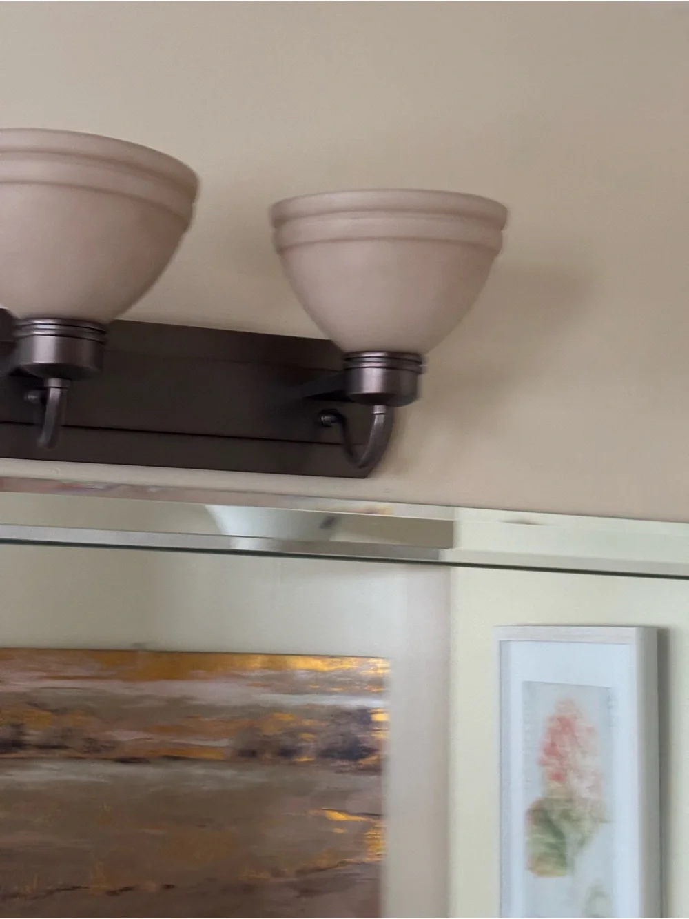 2-Light Bathroom Vanity Wall Light Rubbed Bronze with Beige Glass Shades. (3)